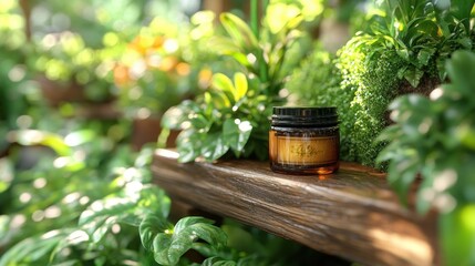 A small amber glass jar sits on a wooden shelf surrounded by lush green plants.