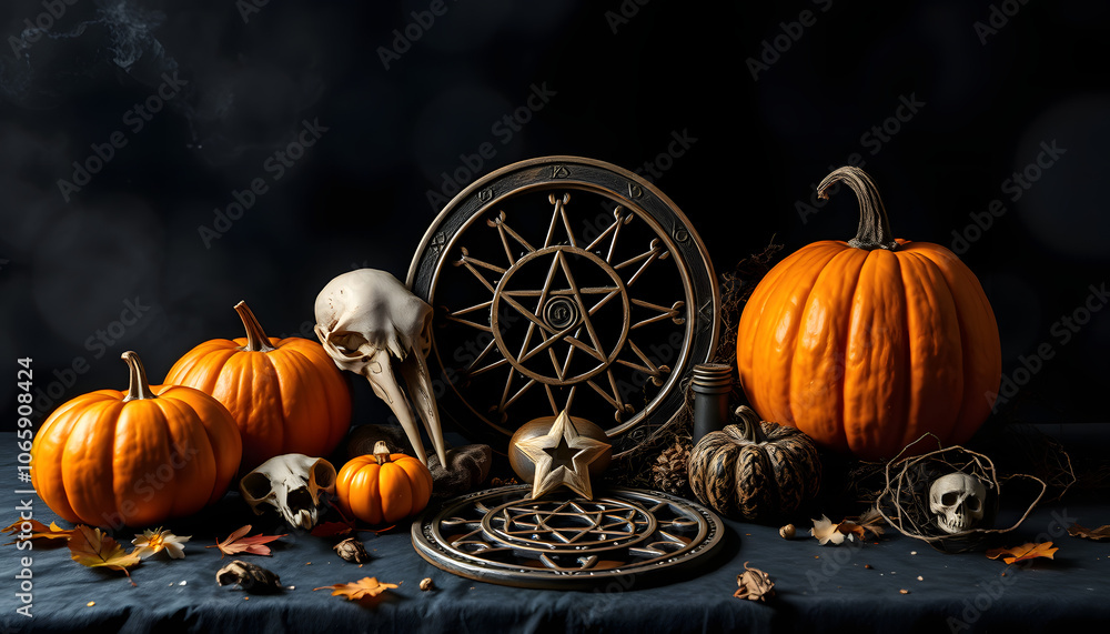 wiccan altar on abstract dark background. bird skull, pumpkins ...