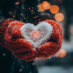 Female hands in red mittens holding a heart made of snow