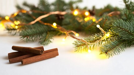 Wall Mural - Classic yellow string lights with a few glowing softly, isolated on a white background, surrounded by pine branches and cinnamon sticks