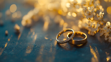Poster - Golden wedding rings glowing in the sunset light rest on a blue surface alongside white flowers