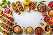 © Luna Scarlet - Mexican food spread, tacos, guacamole, chili, rice, vegetables, churros, colorful ingredients, overhead view, white background, traditional cuisine, festive arrangement, copy space for text