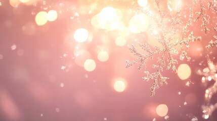 Wall Mural - Single warm white light shining brightly on a soft pink background, adorned with delicate holiday decorations and shimmering snowflakes