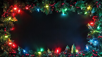 Wall Mural - String of colorful Christmas lights in green, red, and blue, glowing softly on a dark background, with a border of mistletoe and holly berries