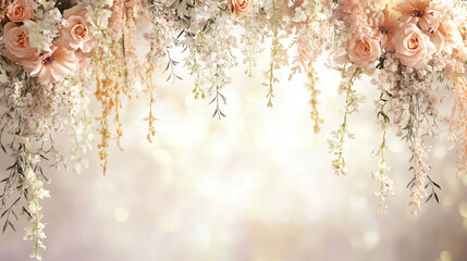 Aufkleber - Gorgeous arrangement of peach roses and white flowers set against a soft, bokeh background
