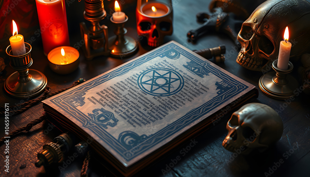 Occult grimoire, magic book laying on table with occult symbols ...