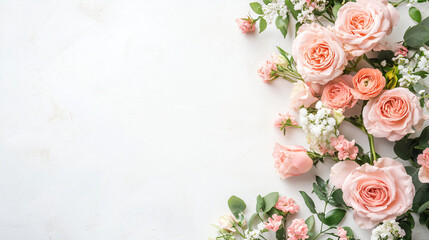 Poster - Floral composition with copy space made of pink roses and different flowers and leaves on a white table, top view, flat lay