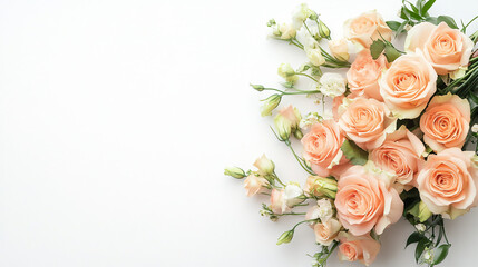 Poster - Beautiful arrangement of delicate peach roses and white flowers on a clean surface, perfect for love and special occasions. Ideal for cards, invites, or design projects