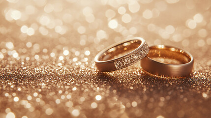 Poster - Two golden wedding rings are laying on a glittery gold surface with a warm light glowing behind them