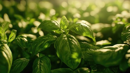 Close-up of fresh mint leaves in sunlight with green and brown tones. Plantation in agricultural setting.