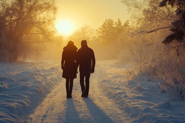 Wall Mural - couple walking down snowy road at sunset in winter
