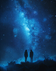 Wall Mural - stars in the night sky. silhouette of a couple on the beach. man and woman in the night. heart in th