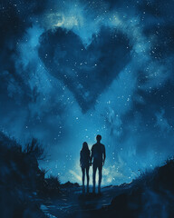 Wall Mural - silhouette of a person in the night. man and woman in the night. heart in the starry night. valentin