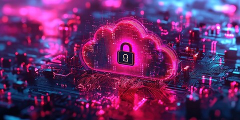 Fototapete - A glowing pink cloud with a padlock on a circuit board