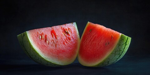 Fresh watermelon halved with rind, showing the juicy red flesh and green rind. Ideal summer refreshment.