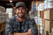 © upnowgraphics - Smiling Man in a Warehouse with Stacks of Boxes Behind Him