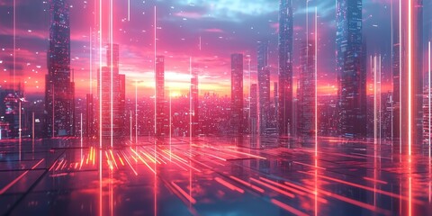 Poster - Futuristic Cityscape with Neon Lights and a Reflective Floor