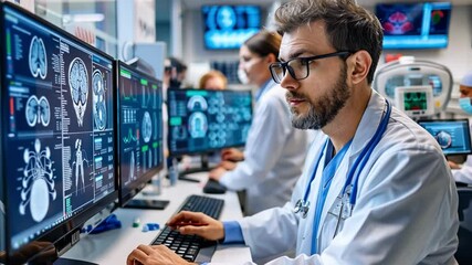 Fototapete - A team of medical professionals reviews complex patient scans displayed on several monitors inside a modern hospital diagnostic room. The atmosphere is focused and clinical.