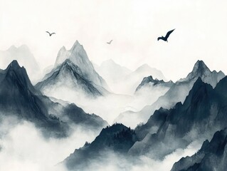 Wall Mural - Mountain Range with Birds