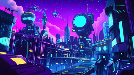 Neoninfused cyberpunk metropolis with towering holographic structures and flying vehicles in a vibrant digital dreamscape. Dreamscape. Illustration