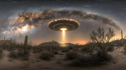 Wall Mural - an otherworldly spacecraft hovers over a desert landscape illuminated by the galactic core at twilig