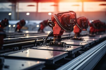 Robot arms on a large solar panel production line