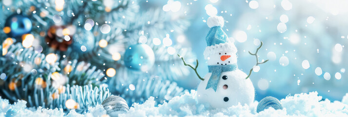 Wall Mural - Delightful Christmas greeting card featuring a playful snowman with blue and white design