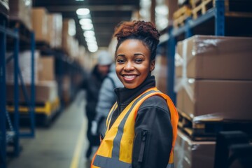 Wall Mural - Smiling portrait of a young woman working in factory