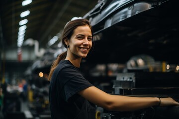 Wall Mural - Smiling woman working in automotive factory