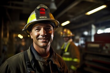 Portrait of a smiling male fire fighter in station