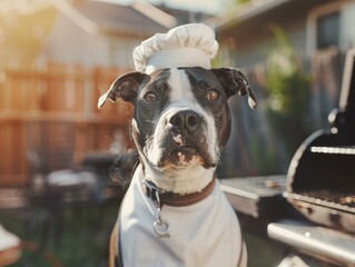 Wall Mural - A dog wearing a chef's hat and apron looks ready to grill. AI.