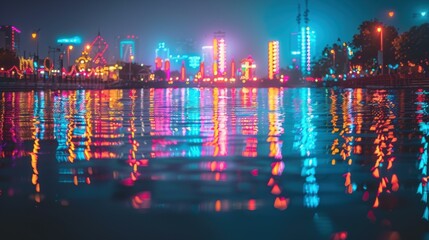 Wall Mural - Colorful lights reflected in the water. AI.