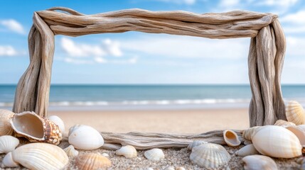 Poster - Seashells and driftwood frame a serene beach view under a clear blue sky, AI