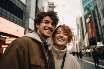 Wall Mural - Close up of a Caucasian couple taking selfie while waking in city