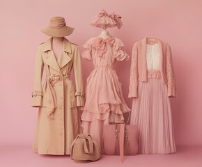 Wall Mural - Elegant fashion display with stylish outfits and accessories in soft pink tones