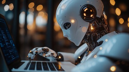 Fototapete - Robot Typing on Laptop in Futuristic Office Representing Automation, Technology, and the Rise of AI in Workspaces, Generative AI