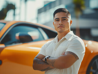 A male model in mod suit sweater posing next to a luxury car Attractive elegant wealth and style