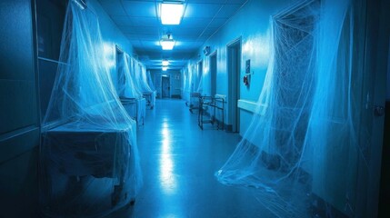 dimly lit hospital corridor adorned with cobwebs, creating a spooky atmosphere.