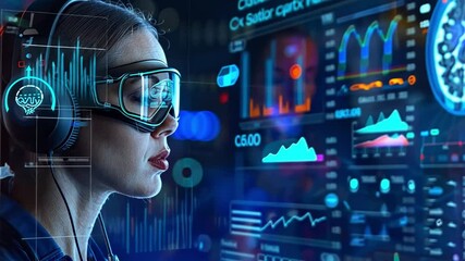 Leinwandbilder - In a cutting-edge medical research facility, a woman wearing virtual reality glasses examines complex data visualizations on a screen while engaged in innovative analysis.