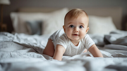 Canvas Print - Happy baby happily crawling on a comfortable bed with soft white sheets in a well-lit bedroom. Smiling and exploring with curiosity and playfulness