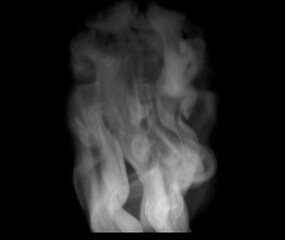 Fog or smoke, steam, vapor set isolated on black background. White cloudiness, mist or smog background.