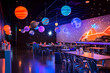 © lena - A vibrant cosmic-themed restaurant with glowing planets and stellar decor at night
