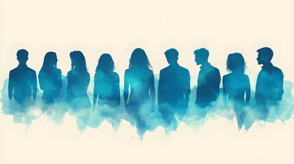 Abstract digital business team concept with people silhouettes in blue and gray colors on a white background A group of businesspeople standing together, working as a collaborative team