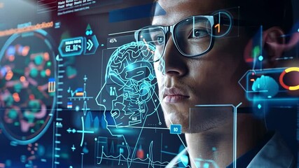 Aufkleber - A young professional examines intricate brain data on digital displays, surrounded by advanced technology and scientific measurements in a laboratory setting.