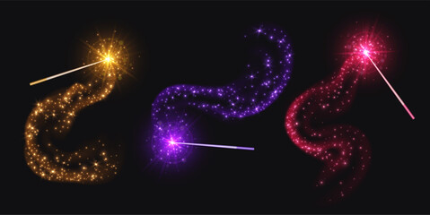 magic wands with smoke and sparkles, wizard staffs for casting spells with smoke and glowing stars. 