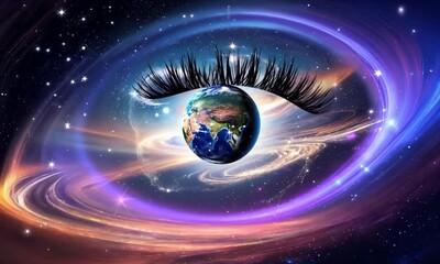 Wall Mural - A giant eye with a twinkling, starry sky as the iris, and the turning planet Earth as the pupil