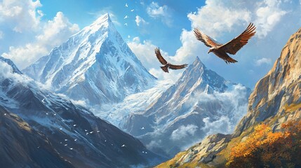 Two eagles soar above a majestic snow-capped mountain range, with a valley below.