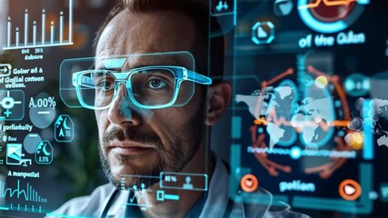 Poster - In a contemporary lab, a scientist with glasses focuses intently on advanced data visuals and health metrics displayed on a digital screen. This activity reflects cutting-edge research.