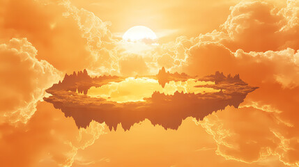 Surreal dreamscape floating islands in liquid gold sky reflecting warm hues of setting sun. sky islands. illustration. Dreamscape. Illustration