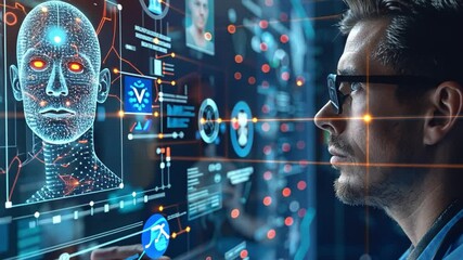 Aufkleber - A tech professional studies intricate artificial intelligence graphics on a digital interface, immersed in a high-tech work environment displaying advanced analytics.